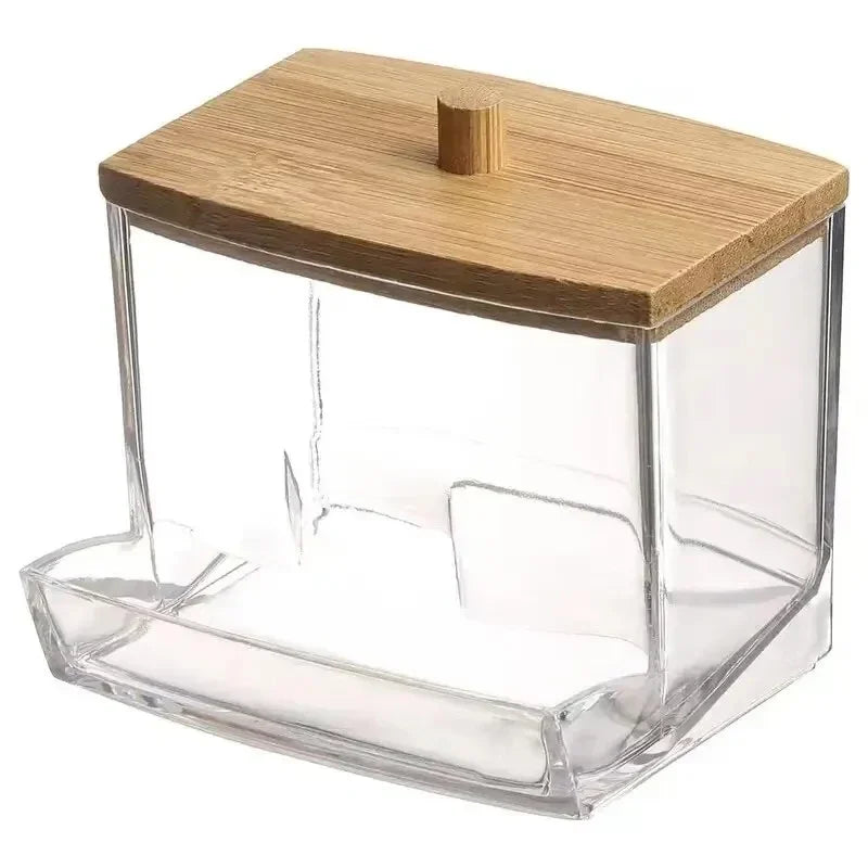 Cotton Swab Storage Box Double Head Cotton Buds Container Transparent Square Bamboo Cover Cotton Swab Toothpick Organize Box